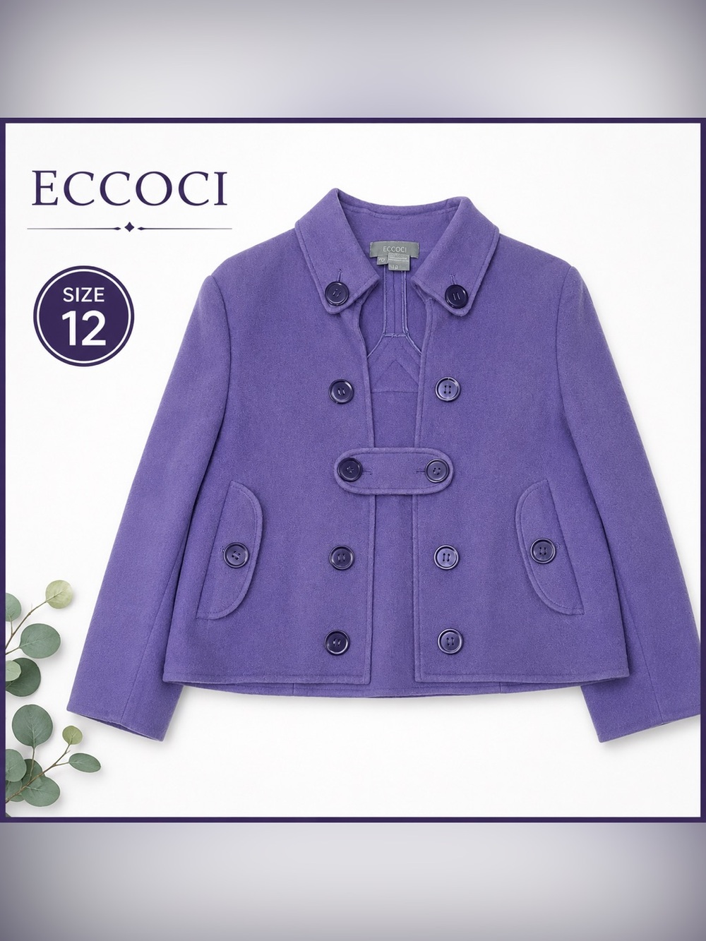 ECCOCI Purple Wool Angora Blend Cropped Peacoat Jacket Women Size 12